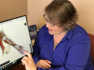 Tammy pointing to muscle graphic on computer screen
