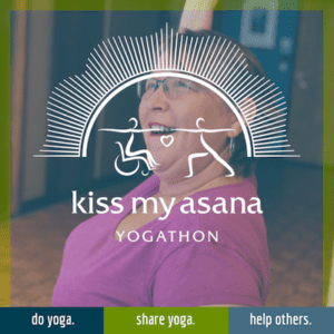 Tammy doing yoga pose with "kiss my asana" text in foreground