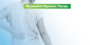 Woman holding lower back, indicating pain or discomfort - "myoskeletal alignment therapy" text header