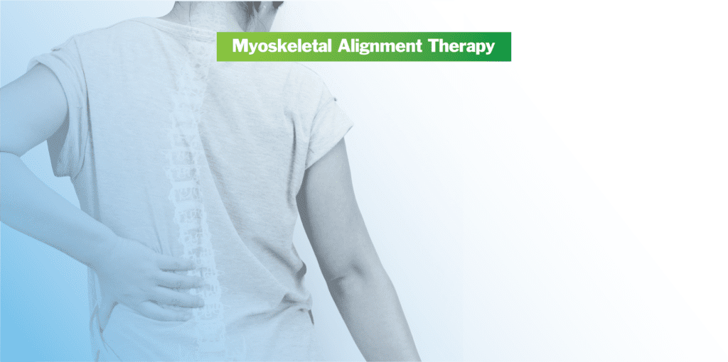 Woman holding lower back, indicating pain or discomfort - "myoskeletal alignment therapy" text header