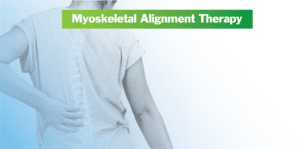 Woman holding lower back, indicating pain or discomfort - "myoskeletal alignment therapy" text header