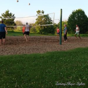 Several adults playing beach volleyball at a park