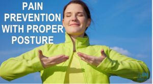 Woman meditating with "pain prevention with proper posture" text