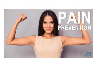 Woman flexing arm muscles with "pain prevention" text