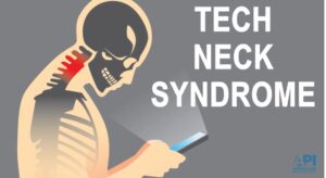 Animated skeleton looking down at phone demonstrating tech neck syndrome