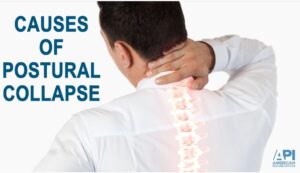 Man in pain holding back of neck - "causes of postural collapse" text