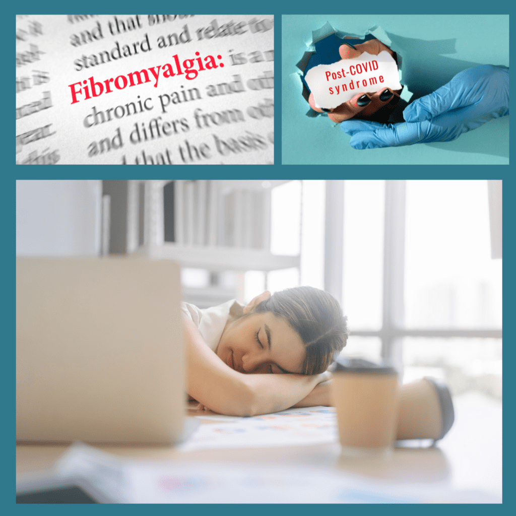 A collage with three sections. The top left features "Fibromyalgia" highlighted in a dictionary. The top right shows gloved hands holding a "Post-COVID syndrome" sign. The bottom image depicts a tired person, likely experiencing chronic fatigue syndrome, resting their head on a desk next to a coffee cup.