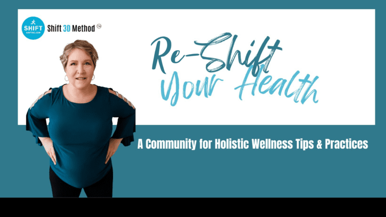 Tammy standing in power posture pose to reshift hormones. "Shift 3D Method® Re-Shift Your Health" and "A Community for Holistic Wellness Tips & Practices" against a teal background. As a health coach, she embodies the spirit of holistic wellness and women over 40 body transformations