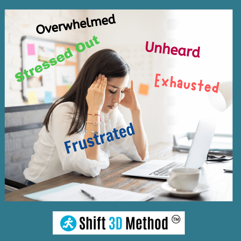 A woman sitting at a desk with their head in their hands, surrounded by words like "Overwhelmed," "Stressed Out," "Frustrated," "Unheard," and "Exhausted" in various colors. The text "Shift 3D Method"