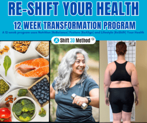 A promotional image for the "12 Week Transformation Program" shows healthy ingredients, a woman in workout clothes smiling, and a person facing a wall chart from the back. Text highlights the Shift 3D Method focusing on Nutrition, Postural Alignment Therapy, and Lifestyle.